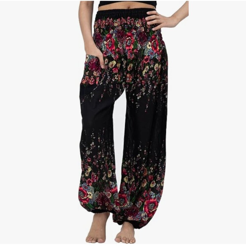 Bangkok Harem Boho Yoga Comfort Pants Black Floral One Size
